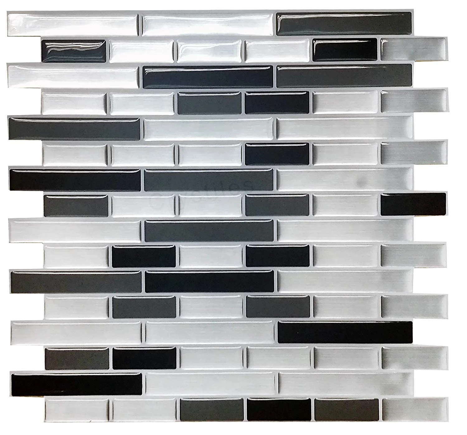 Crystiles Black, Deep Grey And Brushed Silver 12 In. X 12 In. Peel And Stick Vinyl Wall Tile Backsplash, "Pro" Series Thicker Version (4-Pack)