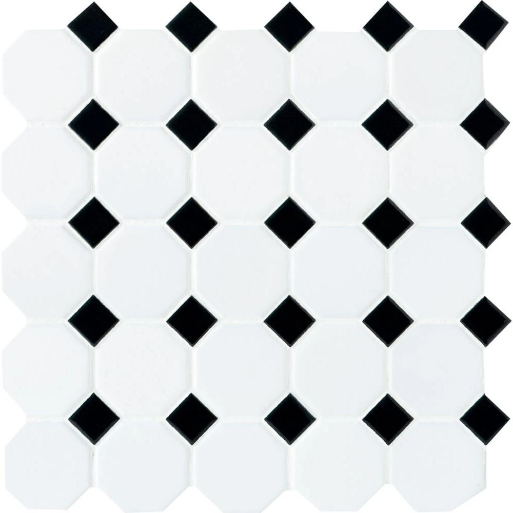 Daltile Octagon And Dot Matte White With Black Dot 12 In. X 12 In. X 6 Mm Ceramic Mosaic Floor And Wall Tile (1 Sq. Ft./ Piece)